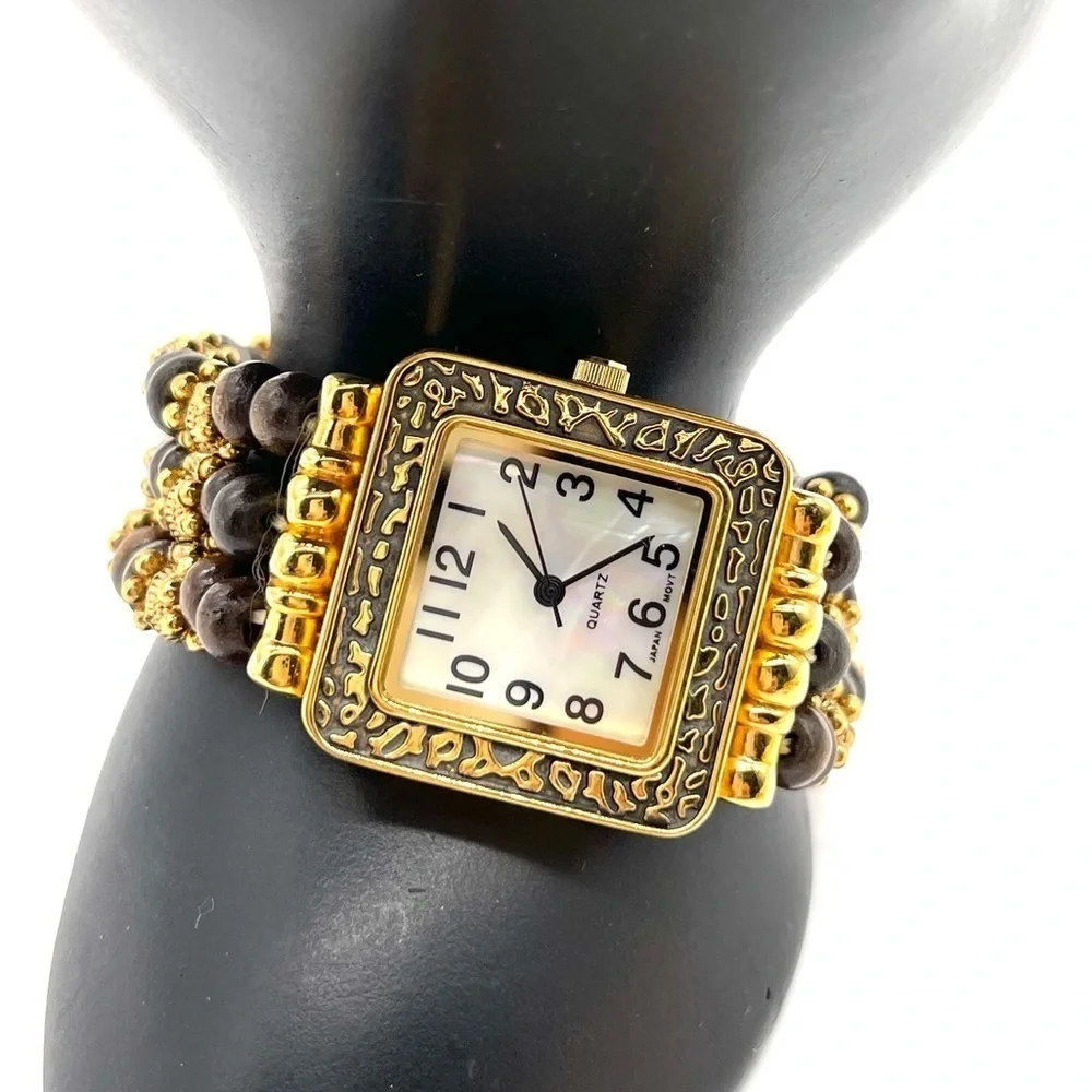 Japan Movt Mother of Pearl Face w/ Wooded & Gold tone Beads Stretch Watch